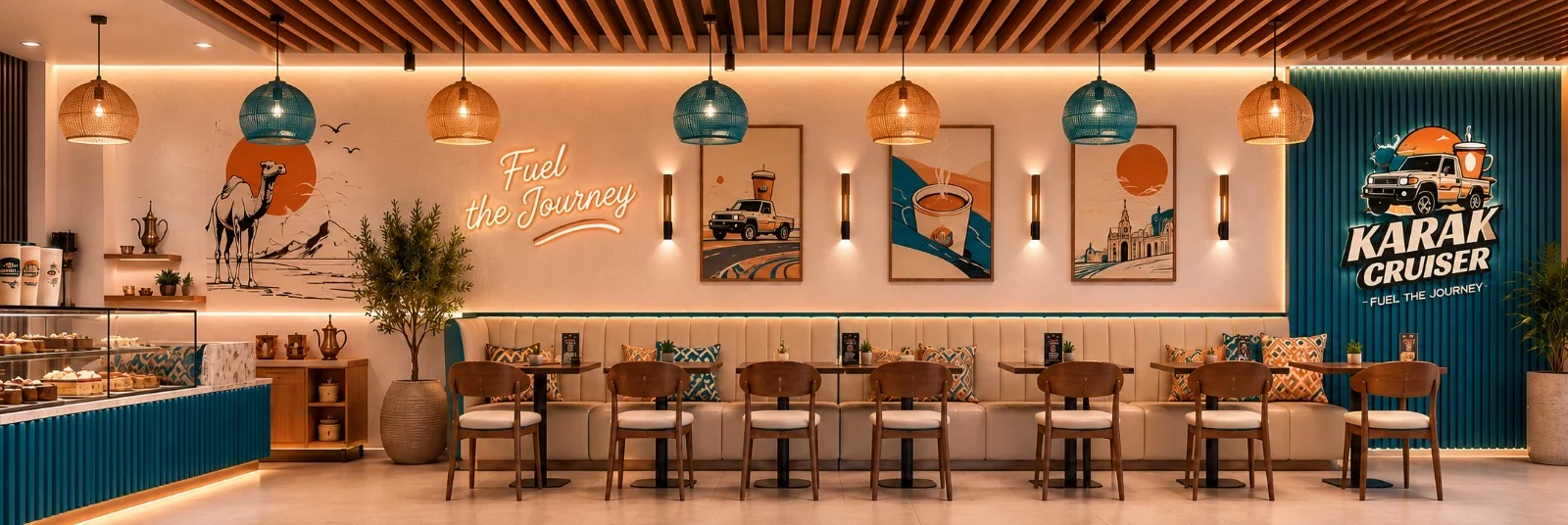 Karak Cruiser café interior with warm lighting and signature teal details