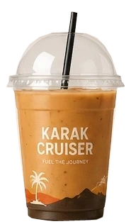 An iced drink in Karak Cruiser takeaway packaging