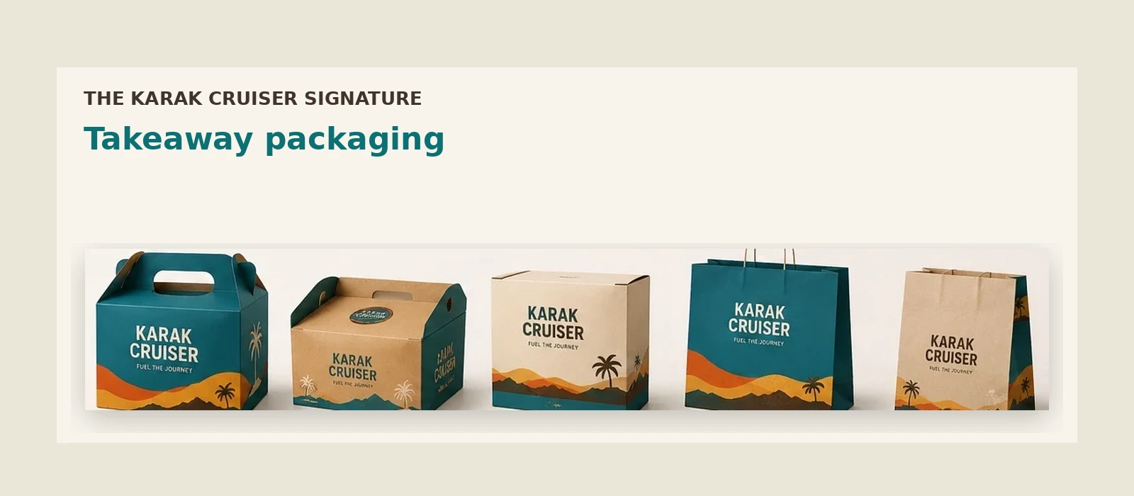 Karak Cruiser takeaway boxes and bags in signature teal and desert colours