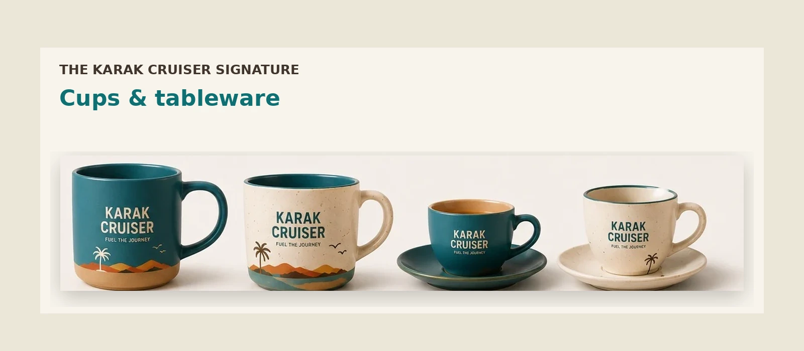 A collection of teal and cream Karak Cruiser mugs and cups