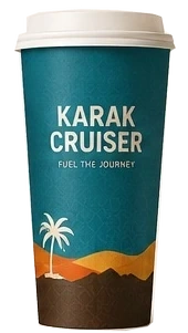 A teal Karak Cruiser takeaway cup with the desert-inspired brand design
